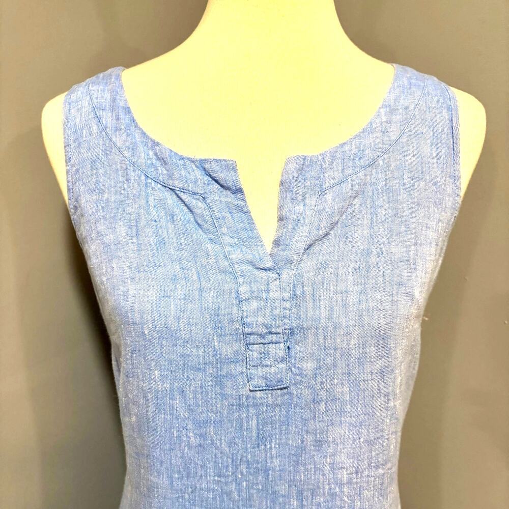 Talbots Blue Linen Shift Dress Striped Hem Sleeveless Lined Breathable, Size 4P - Picture 2 of 8